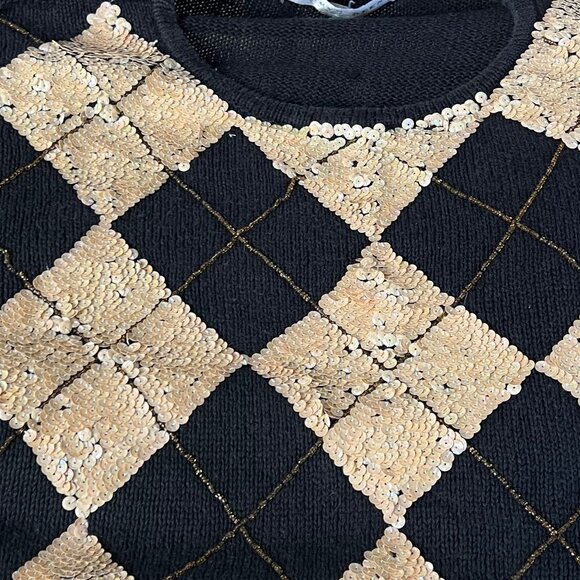 Rare Vintage Sequin Beaded Argyle Preppy Christmas Holiday Sweater / Mini Dress - Picture 5 of 6